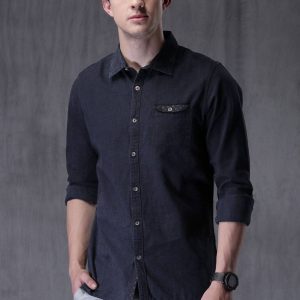 Navy Blue Slim Fit Solid Casual Denim Shirt
